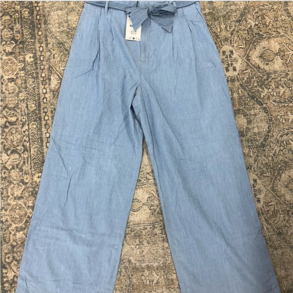 Zara Light Blue linen Wide-Leg Tie-Waist Pants - Picture 2 of 2